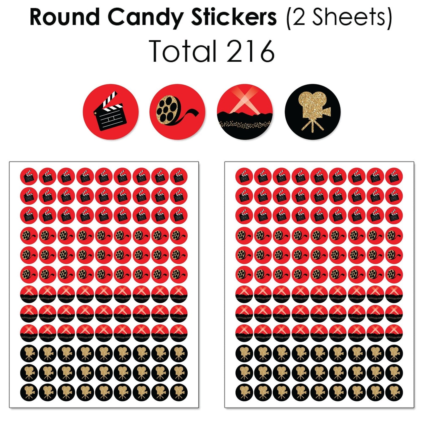 Red Carpet - Mini Candy Bar Wrappers, Round Candy Stickers and Circle Stickers - Movie Night Party Candy Favor Sticker Kit - 304 Pieces