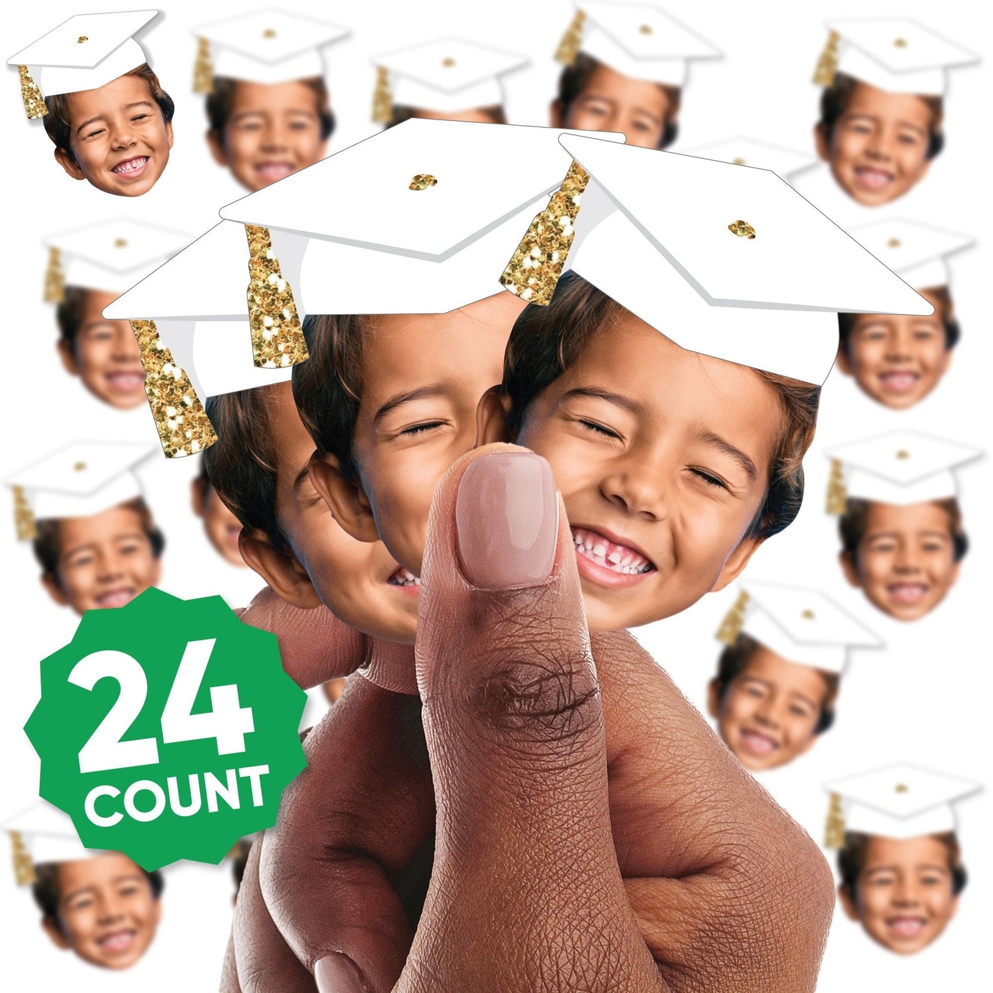 Custom Fun Face White & Gold Grad Cap Cut-Outs - 24 Ct