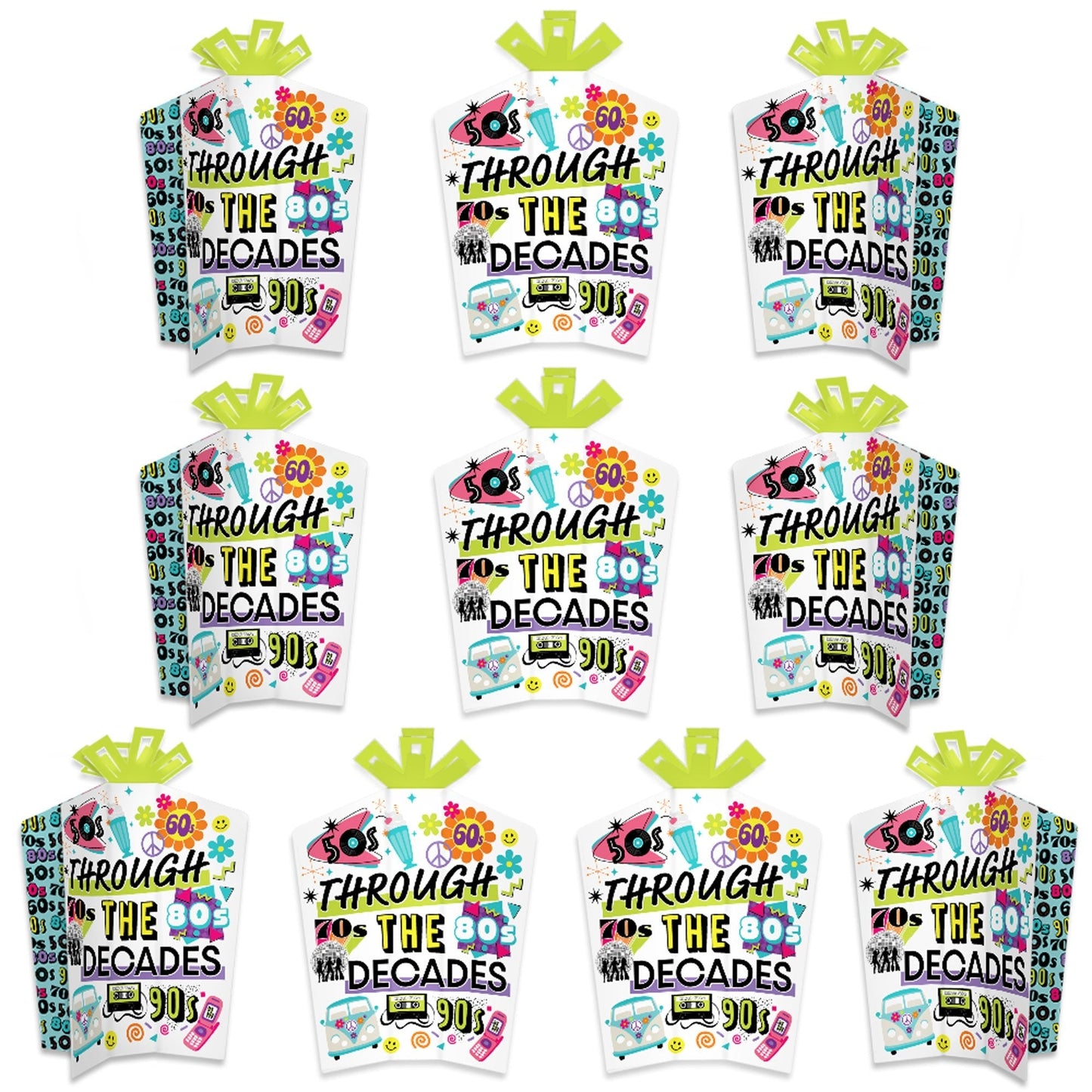Through the Decades - Table Decorations - 50s, 60s, 70s, 80s, and 90s Party Fold and Flare Centerpieces - 10 Count