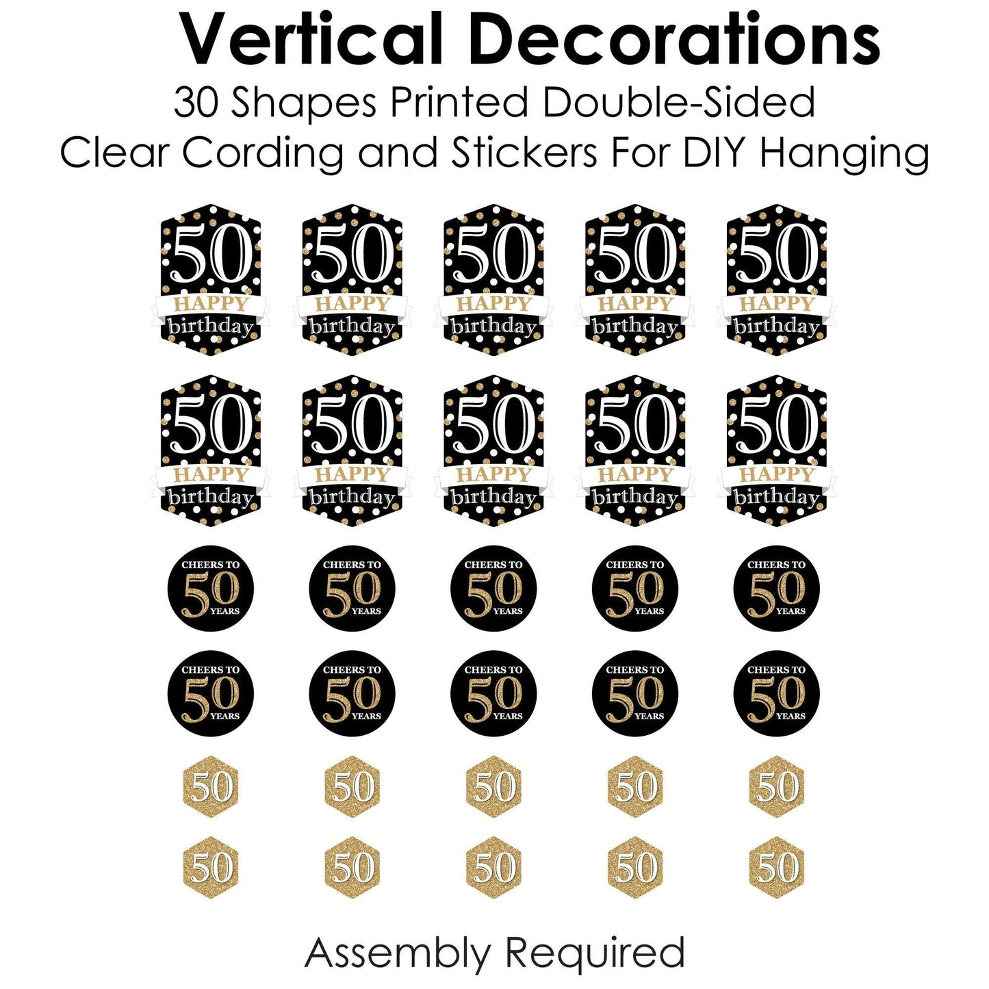 Adult 50th Birthday - Gold - Birthday Party DIY Dangler Backdrop - Hanging Vertical Decorations - 30 Pieces