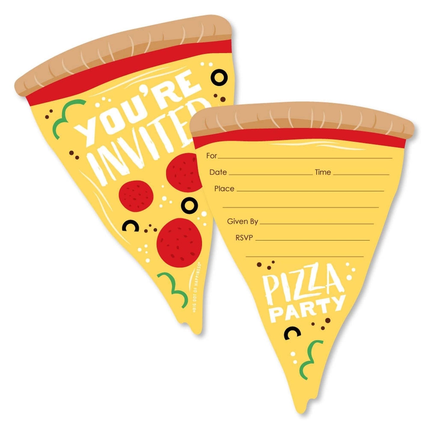 Pizza Party Time - Shaped Fill-In Invitations - Baby Shower or Birthday Party Invitation Cards with Envelopes - Set of 12