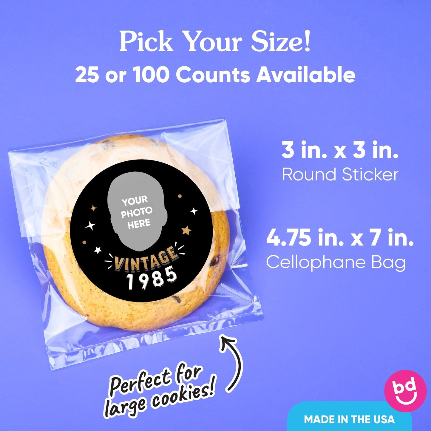 Custom Face Stickers & Clear Cookie Bags - Vintage Birthday