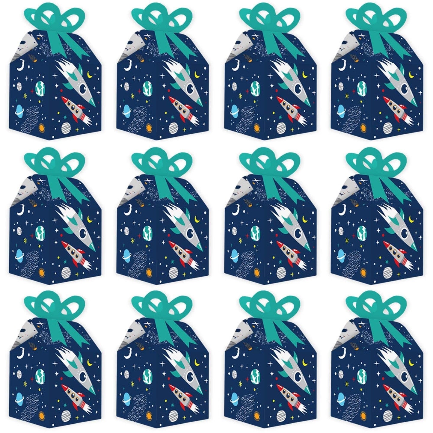Blast Off to Outer Space - Square Favor Gift Boxes - Rocket Ship Baby Shower or Birthday Party Bow Boxes - Set of 12