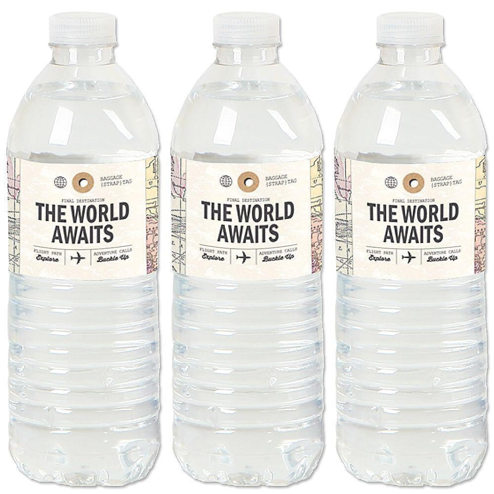 World Awaits - Travel Themed Party Water Bottle Sticker Labels - Set of 20