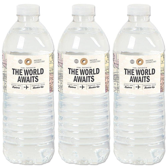 World Awaits - Travel Themed Party Water Bottle Sticker Labels - Set of 20