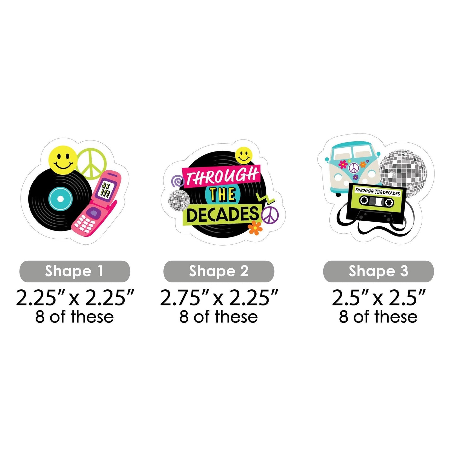 Through the Decades - DIY Shaped 50s, 60s, 70s, 80s, and 90s Party Cut-Outs - 24 Count