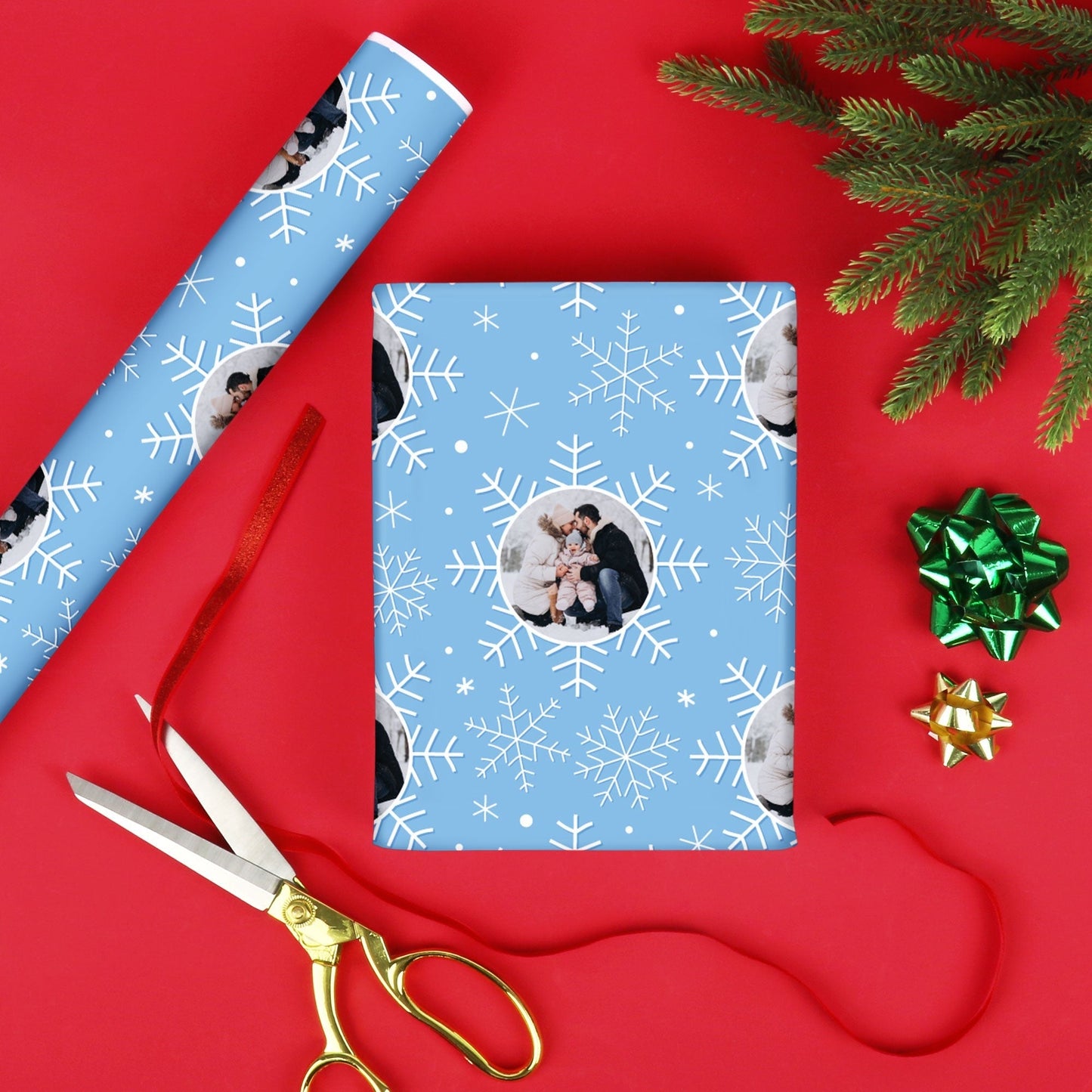 Custom Photo Wrapping Paper - Blue Snowflakes