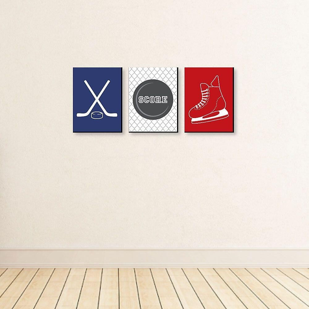 Shoots and Scores! - Hockey - Sports Themed Nursery Wall Art, Kids Room Decor and Game Room Home Decorations - 7.5 x 10 inches - Set of 3 Prints