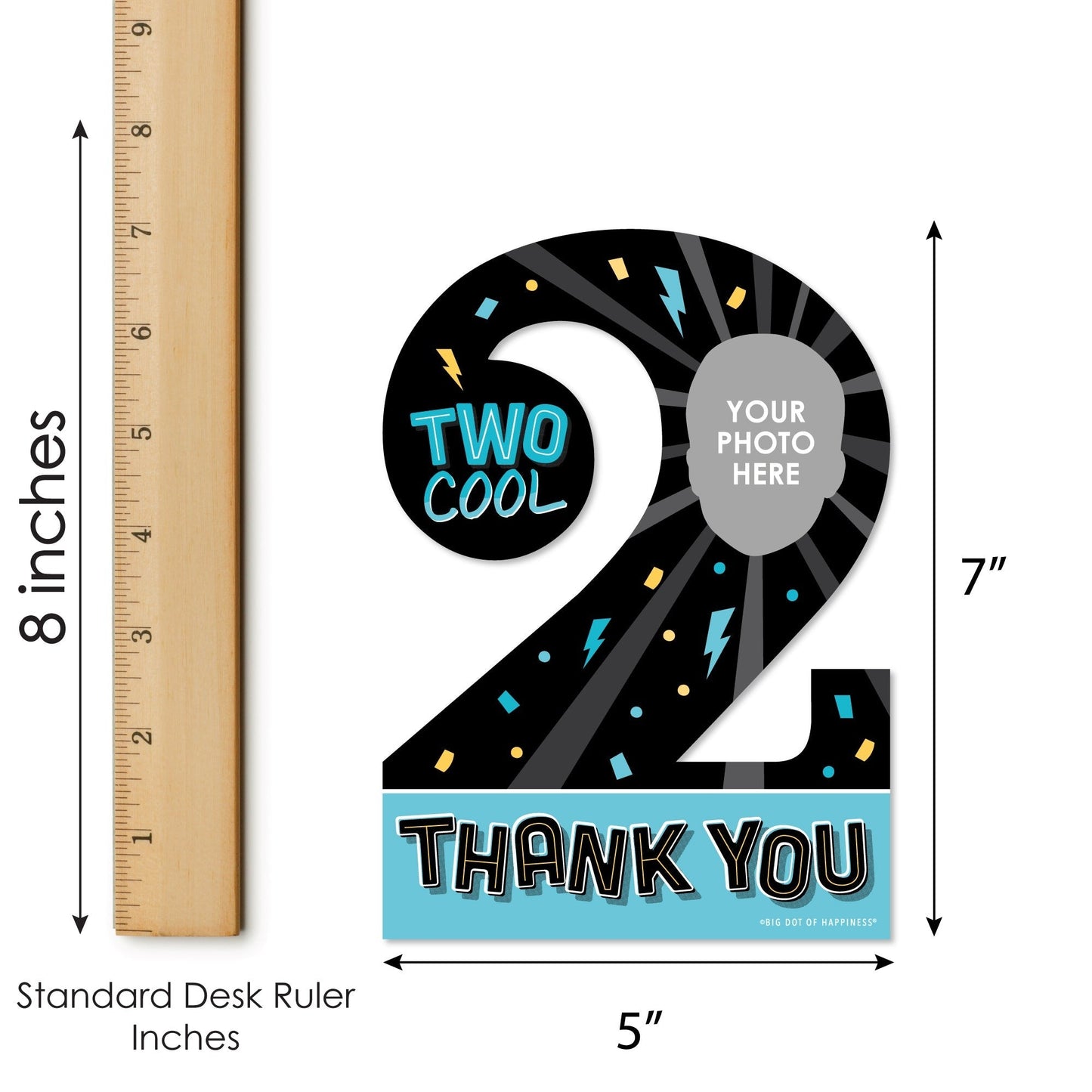 Custom Photo Two Cool - Boy - Blue 2nd Birthday Party Fun Face Shaped Thank You Cards with Envelopes - Set of 12