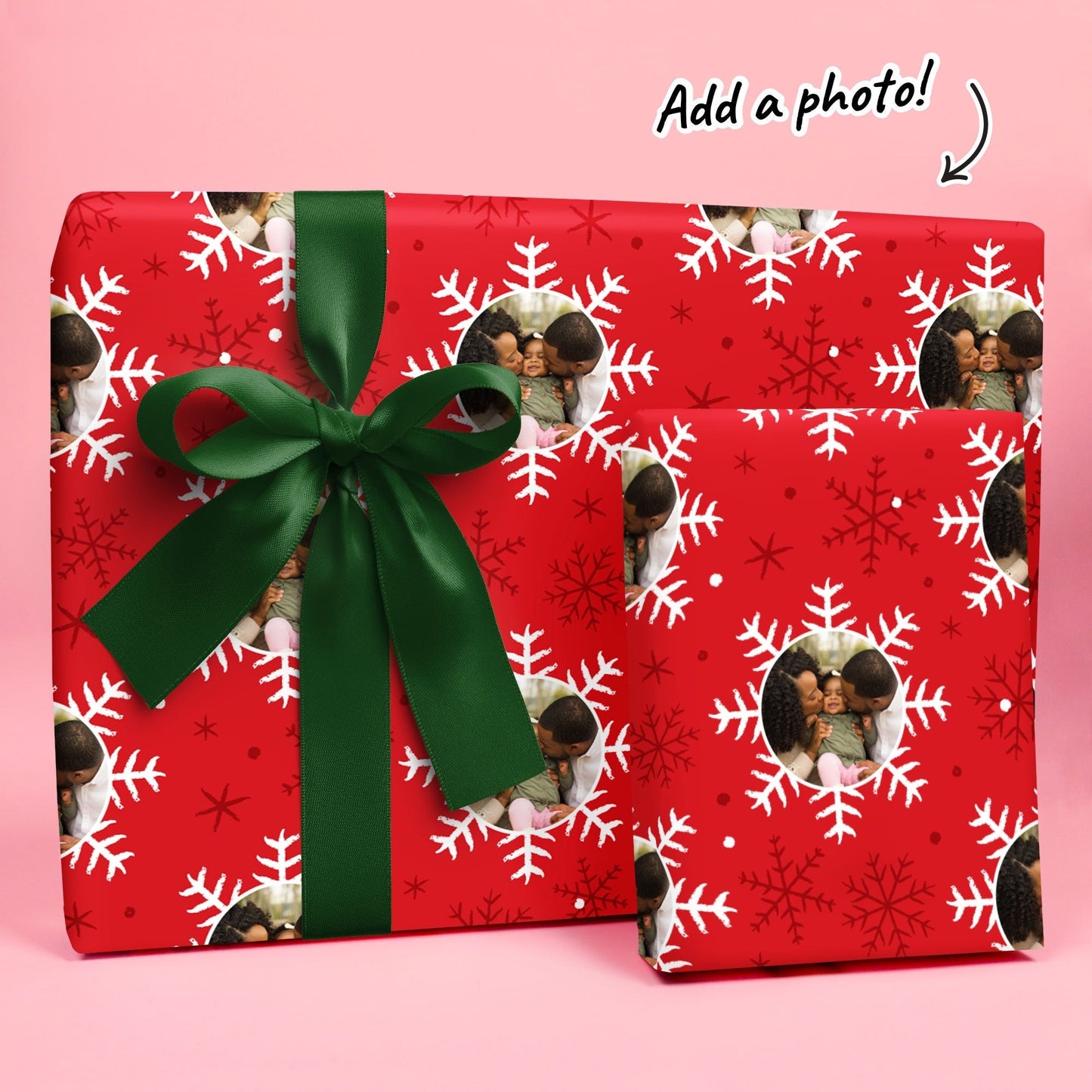 Custom Photo Wrapping Paper - Red & White Snowflakes