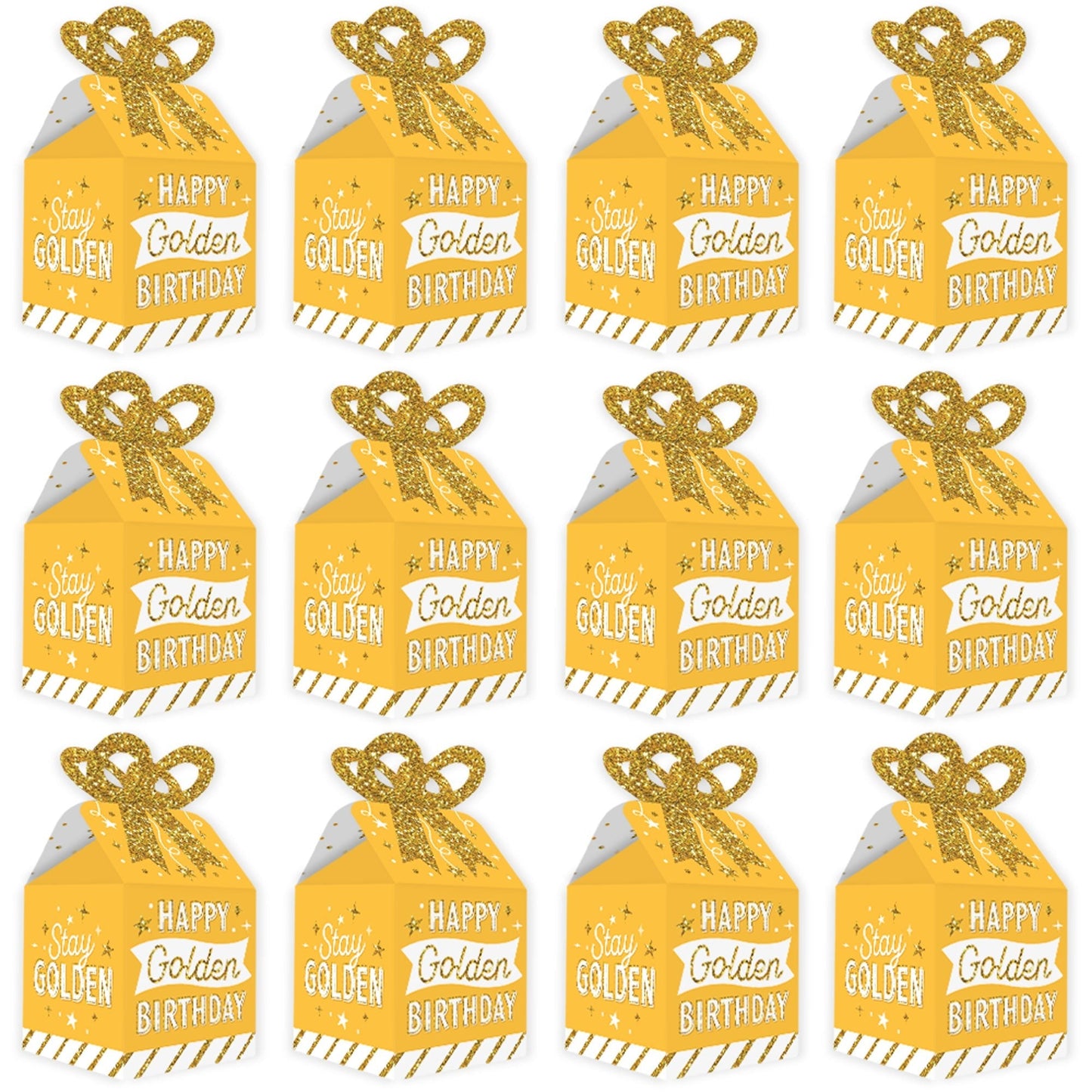 Golden Birthday - Square Favor Gift Boxes - Happy Birthday Party Bow Boxes - Set of 12