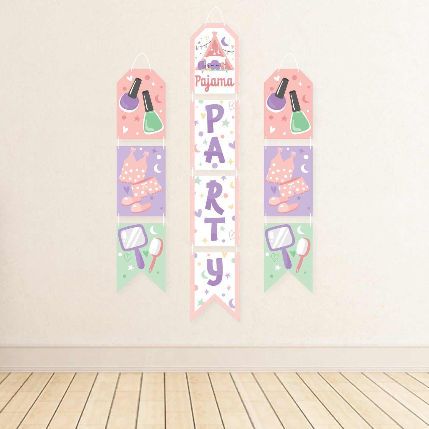 Pajama Slumber Party - Hanging Vertical Paper Door Banners - Girls Sleepover Birthday Party Wall Decoration Kit - Indoor Door Decor