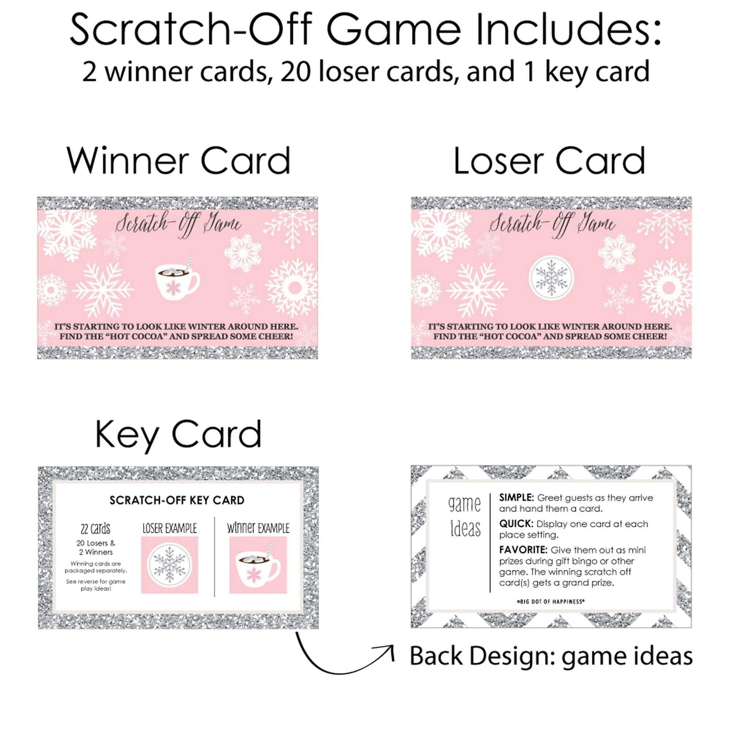 Pink Winter Wonderland - Holiday Snowflake Birthday Party and Baby Shower Game Scratch Off Cards - 22 Count