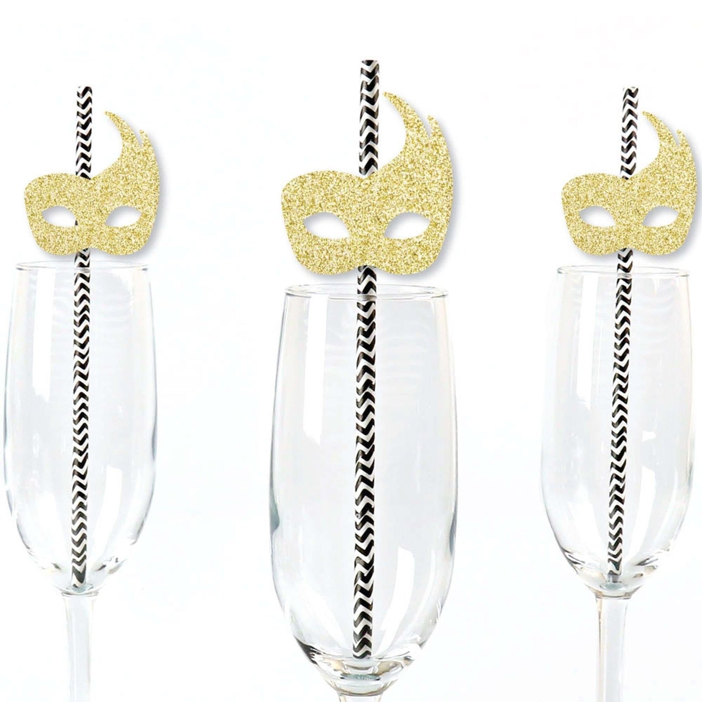 Gold Glitter Masks Party Straws - No-Mess Real Gold Glitter Cut-Outs & Decorative Masquerade Mardi Gras Party Paper Straws - Set of 24