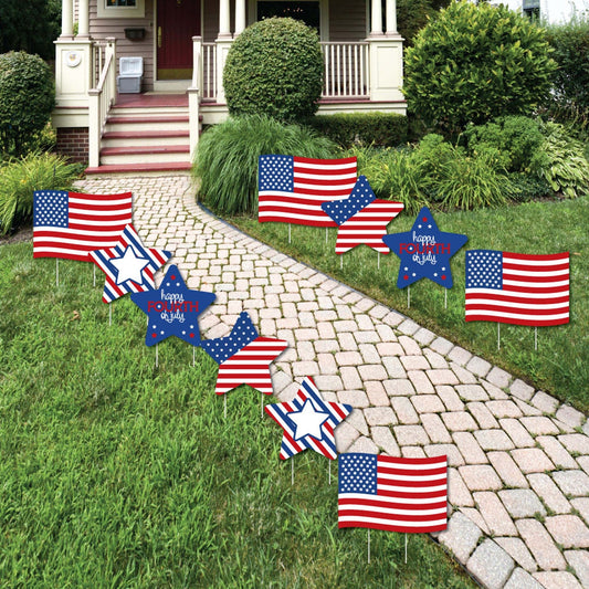4th of July - Flag and Star Lawn Decorations - Outdoor Fourth Of July Party Yard Decorations - 10 Piece