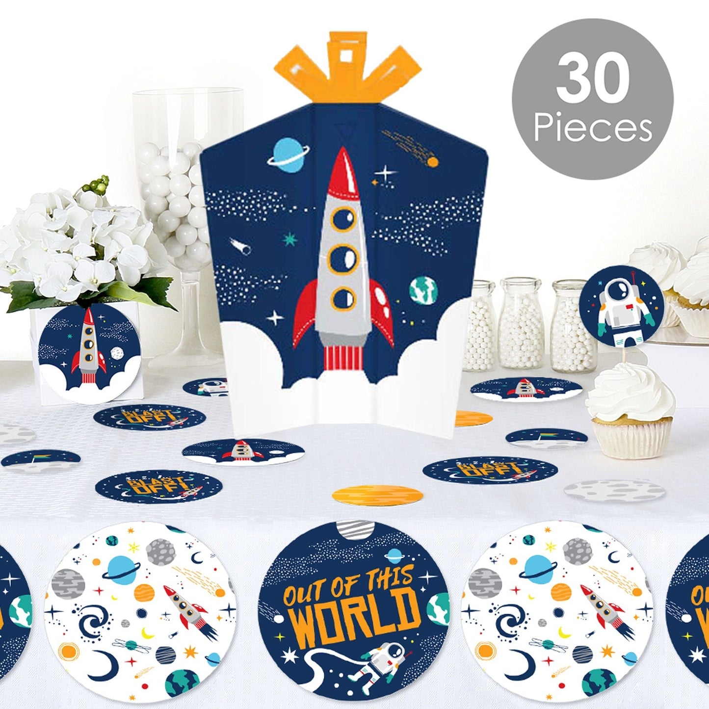 Blast Off to Outer Space - Rocket Ship Baby Shower or Birthday Party Decor and Confetti - Terrific Table Centerpiece Kit - Set of 30