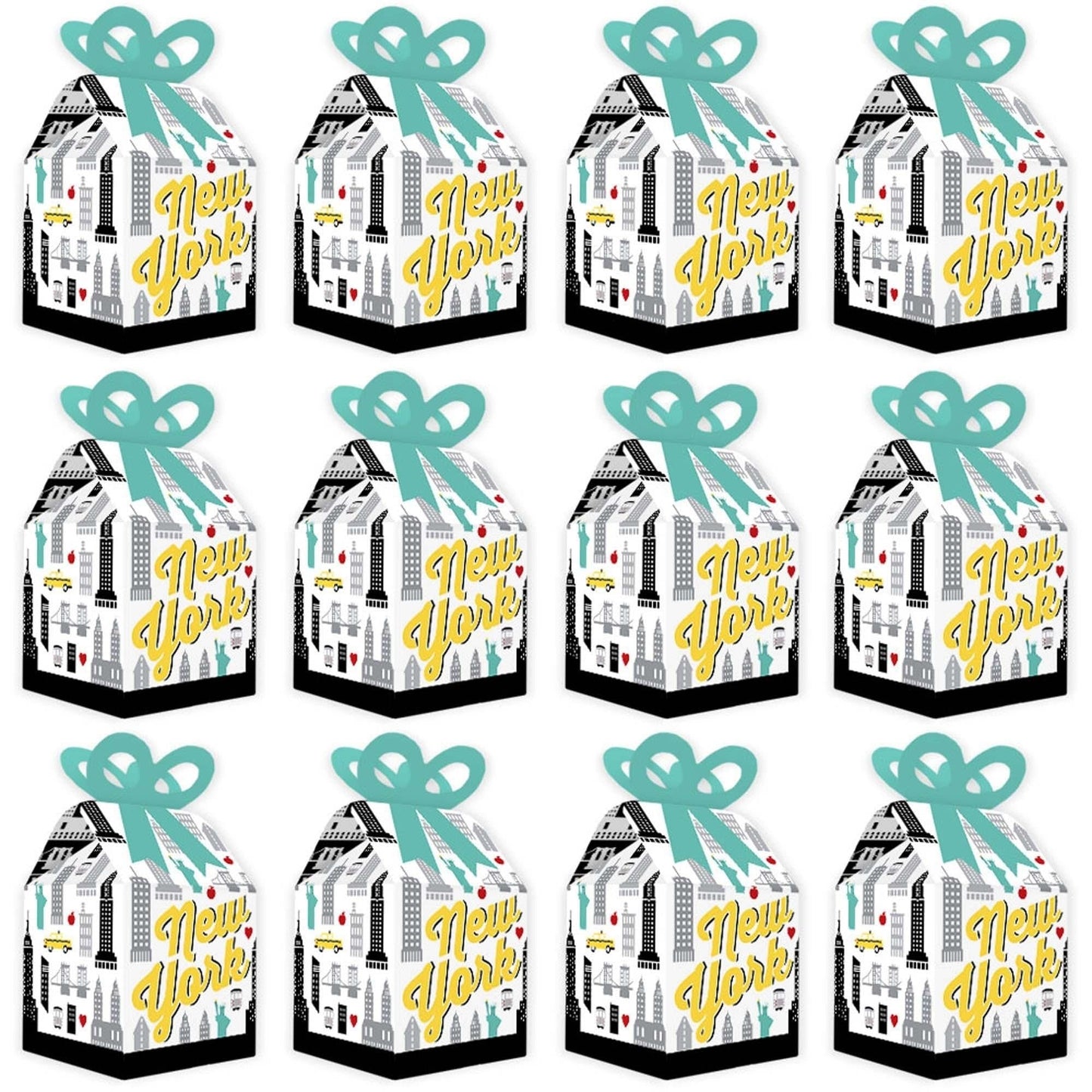 NYC Cityscape - Square Favor Gift Boxes - New York City Party Bow Boxes - Set of 12