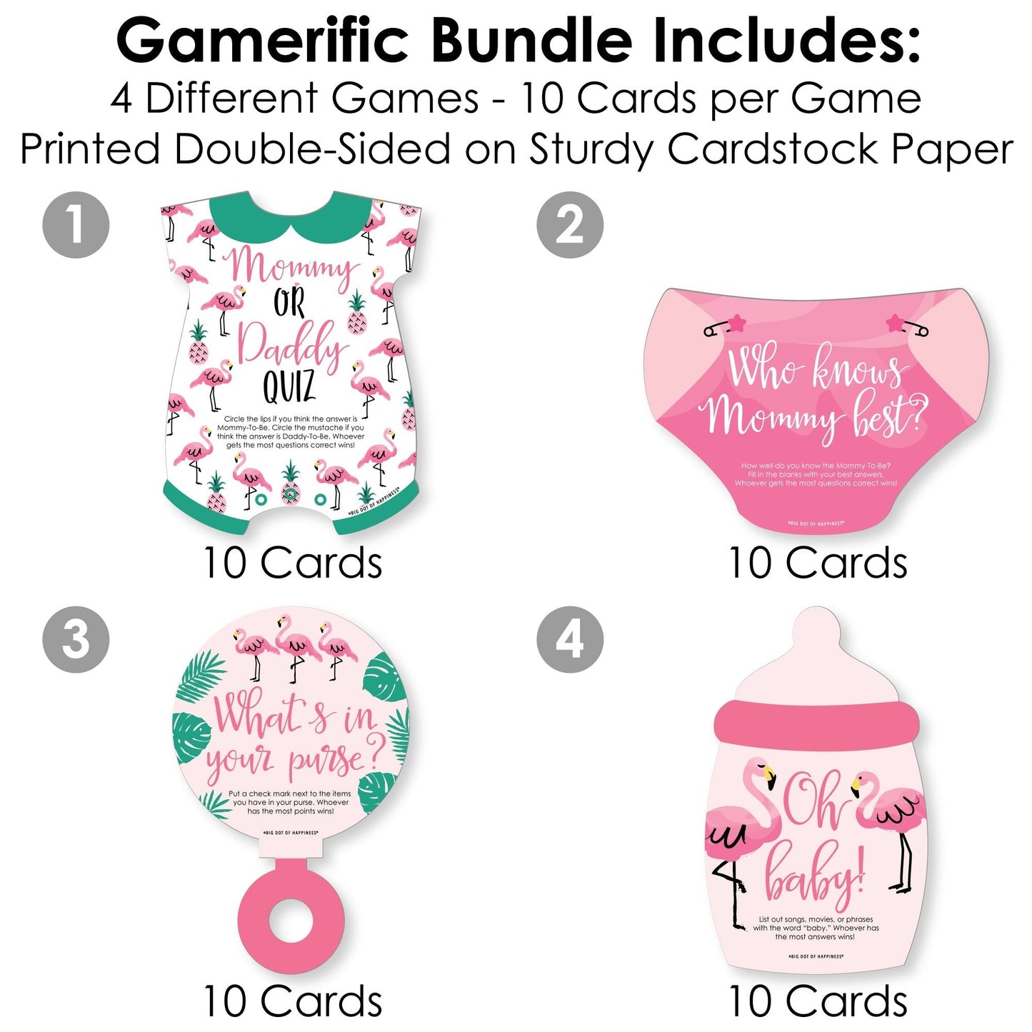 Pink Flamingo - 4 Tropical Summer Baby Shower Games - 10 Cards Each - Gamerific Bundle
