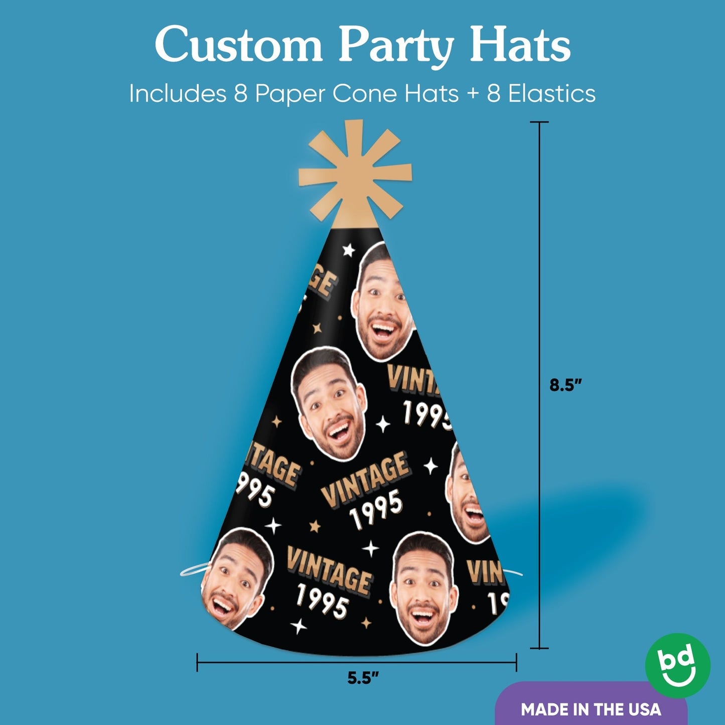 Custom Fun Face Vintage Birthday Cone Hat - 8 Ct