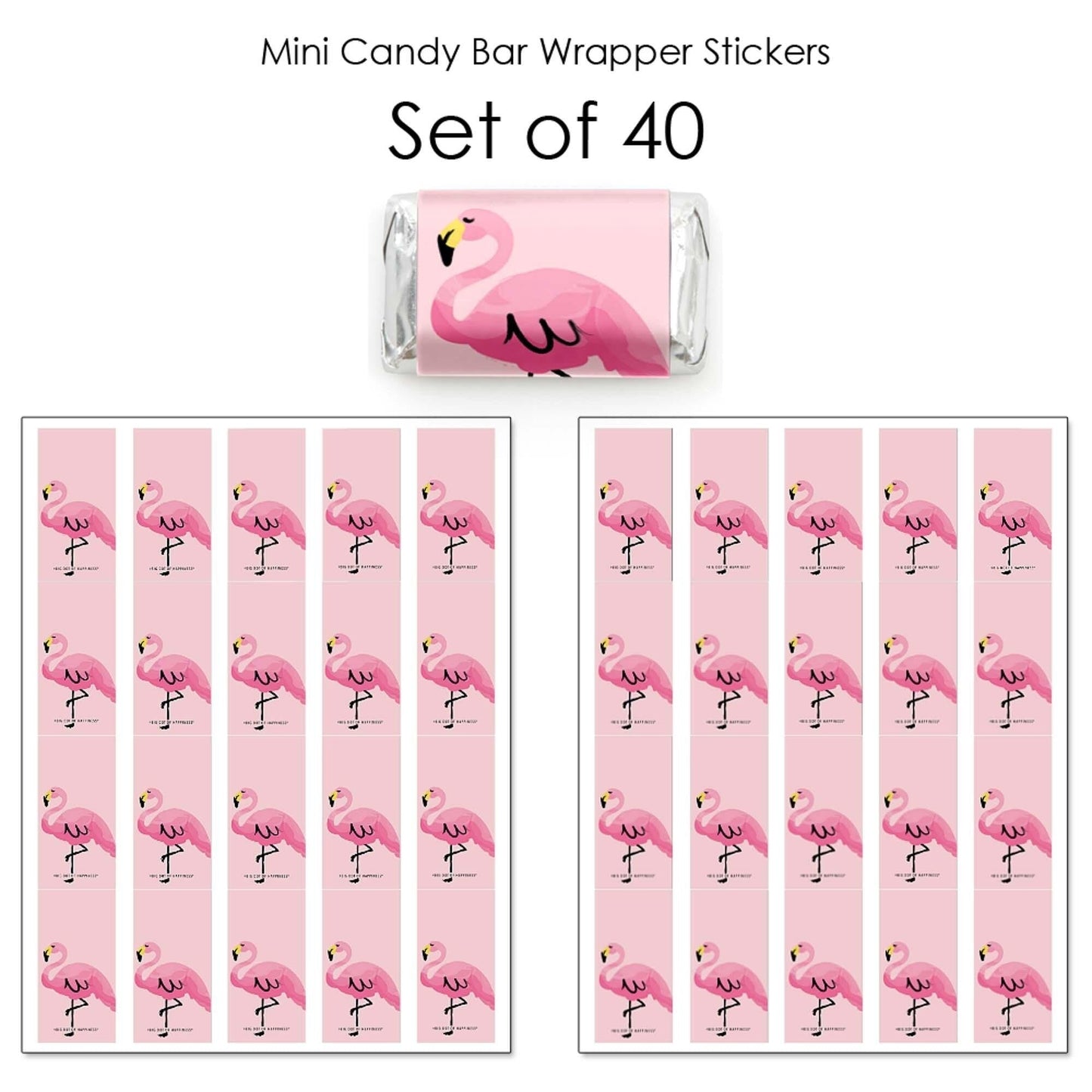 Pink Flamingo - Mini Candy Bar Wrapper Stickers - Tropical Summer Party Small Favors - 40 Count