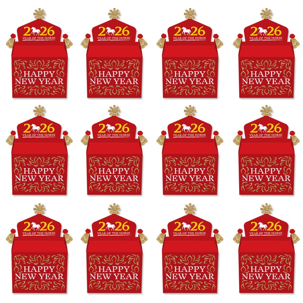 Chinese New Year - Treat Box Party Favors - 2026 Year of the Horse Goodie Gable Boxes - Set of 12