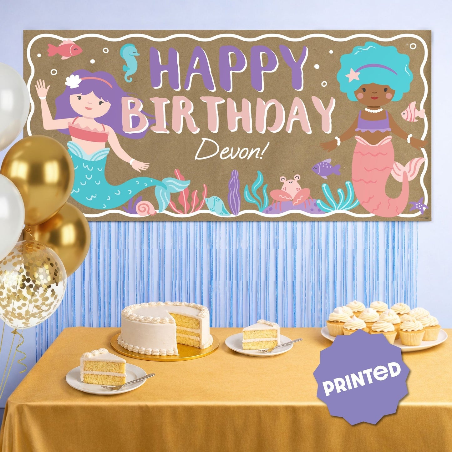 Custom Text Mermaid Birthday Kraft Banner