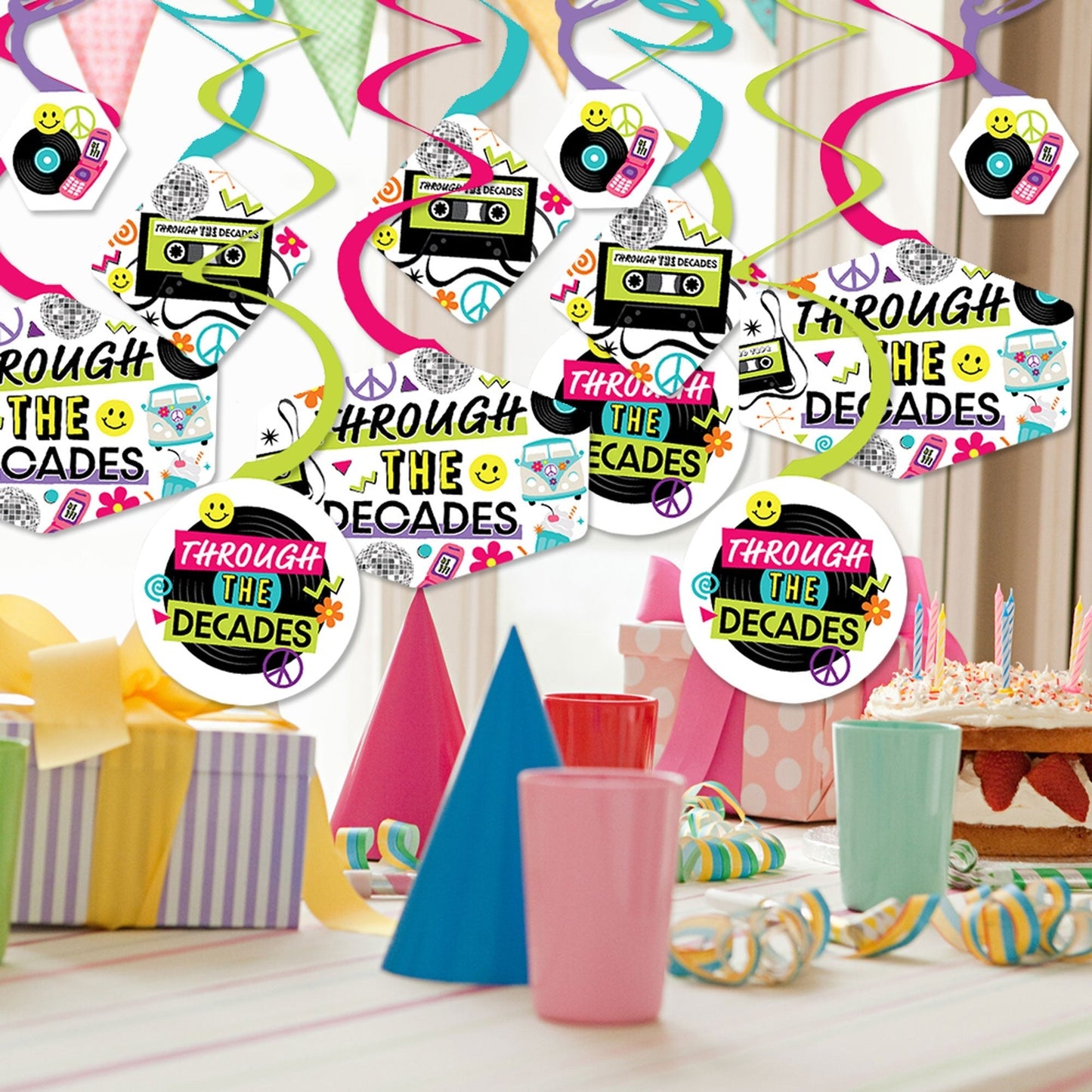 Through the Decades - 50s, 60s, 70s, 80s, and 90s Party Hanging Decor - Party Decoration Swirls - Set of 40