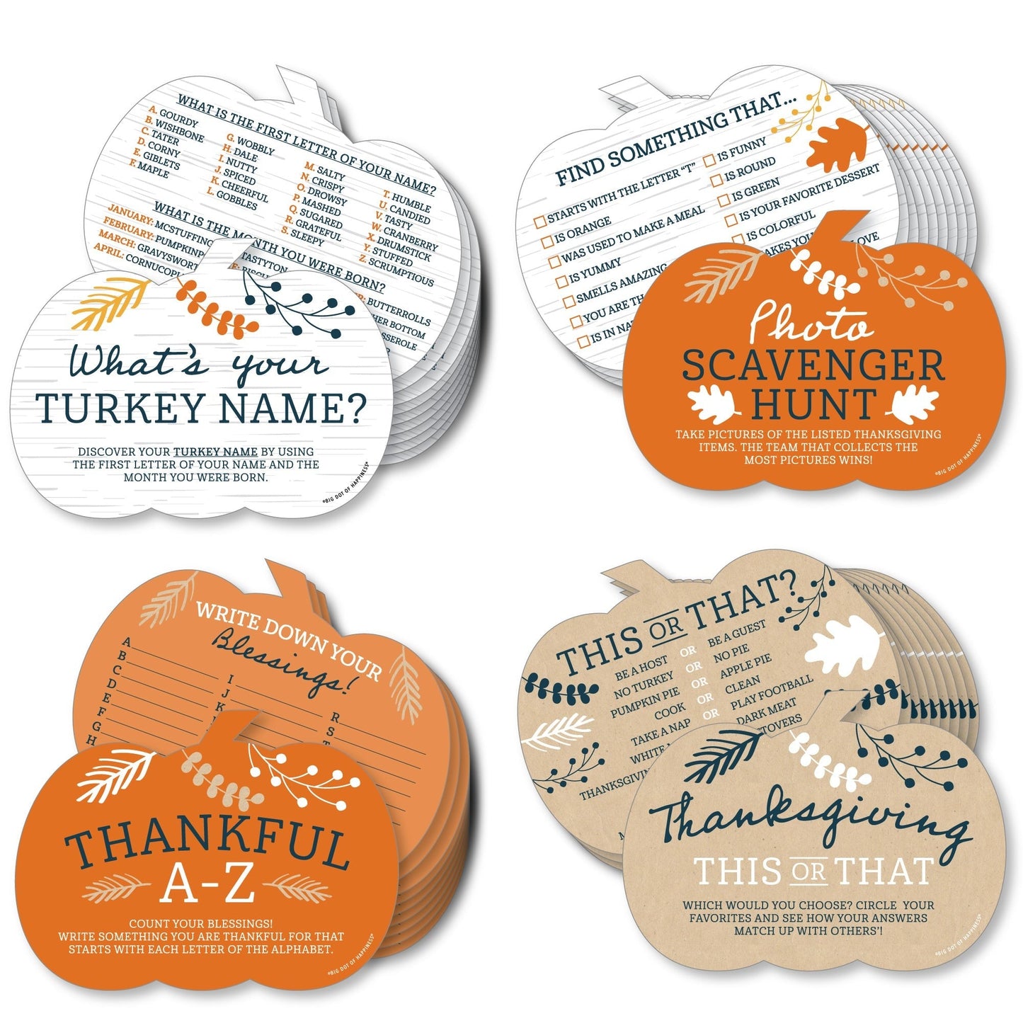 Happy Thanksgiving - 4 Fall Harvest Party Games - 10 Cards Each - What's Your Turkey Name, Photo Scavenger Hunt, This or That, Thankful A-Z - Gamerific Bundle