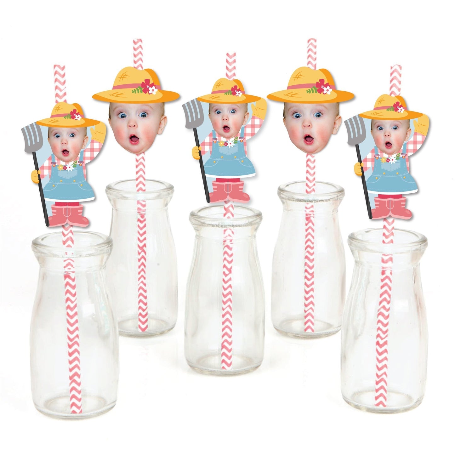 Custom Photo Girl Farm Animals - Pink Barnyard Birthday Party Fun Face Paper Straw Decor - Set of 24