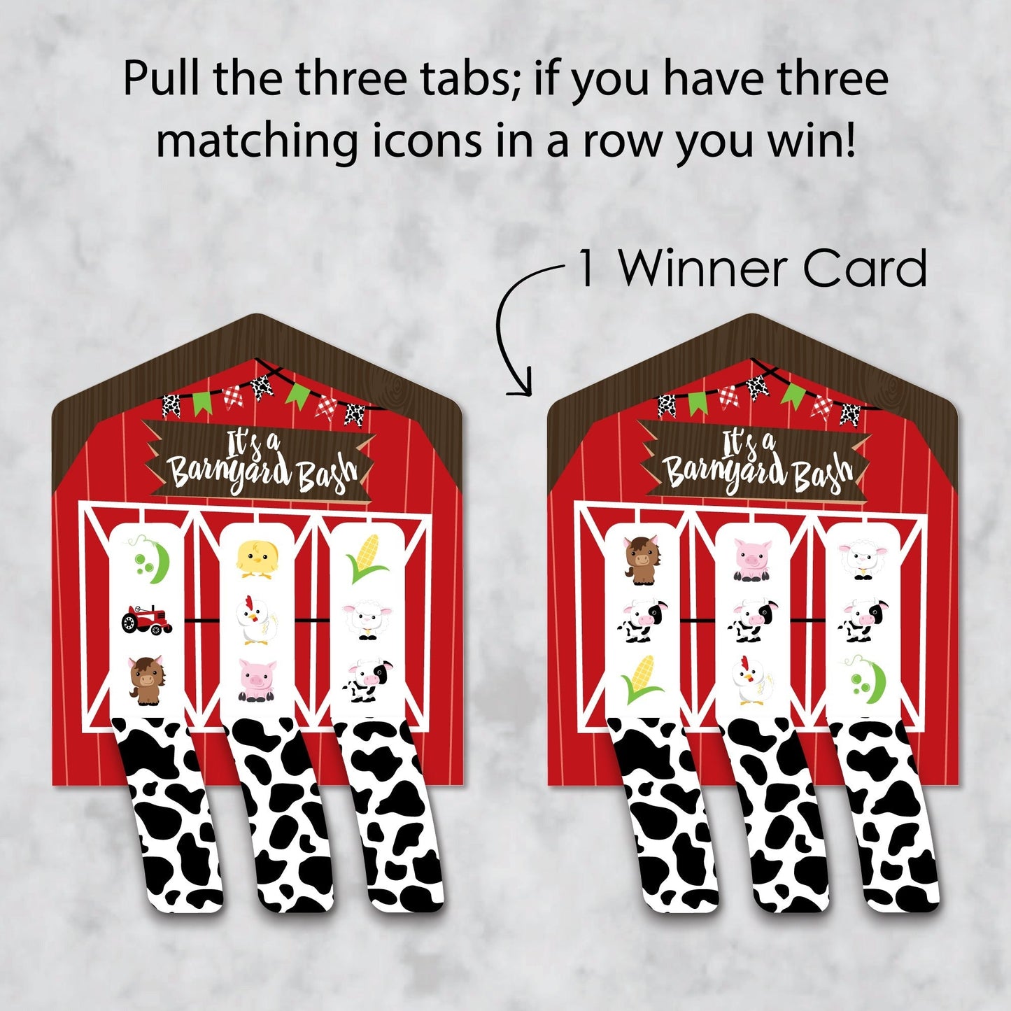 Farm Animals - Barnyard Baby Shower or Birthday Party Game Pickle Cards - Pull Tabs 3-in-a-Row - Set of 12