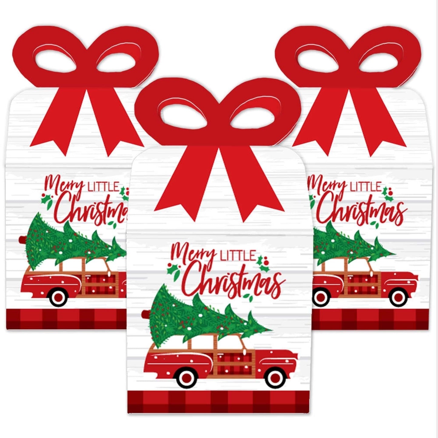Merry Little Christmas Tree - Square Favor Gift Boxes - Red Car Christmas Party Bow Boxes - Set of 12