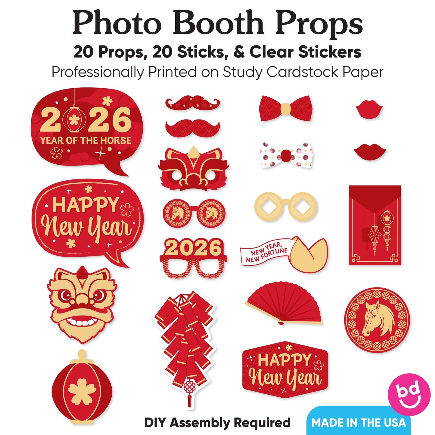 Lunar New Year - 2026 Year of the Horse Photo Booth Props Kit - 20 Count
