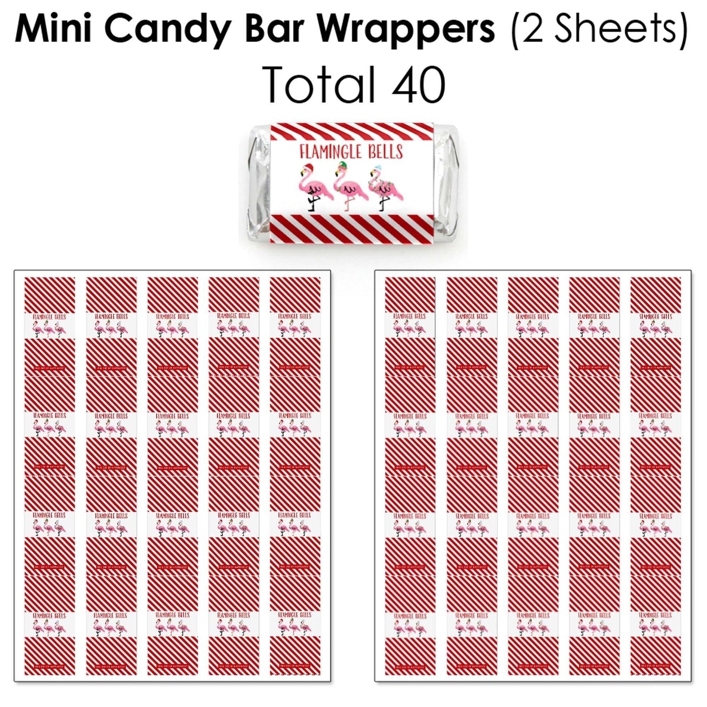 Flamingle Bells - Mini Candy Bar Wrappers, Round Candy Stickers and Circle Stickers - Tropical Christmas Party Candy Favor Sticker Kit - 304 Pieces