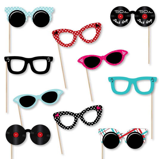 50's Sock Hop Glasses - Paper Card Stock 1950s Rock N Roll Party Photo Booth Props Kit - 10 Count