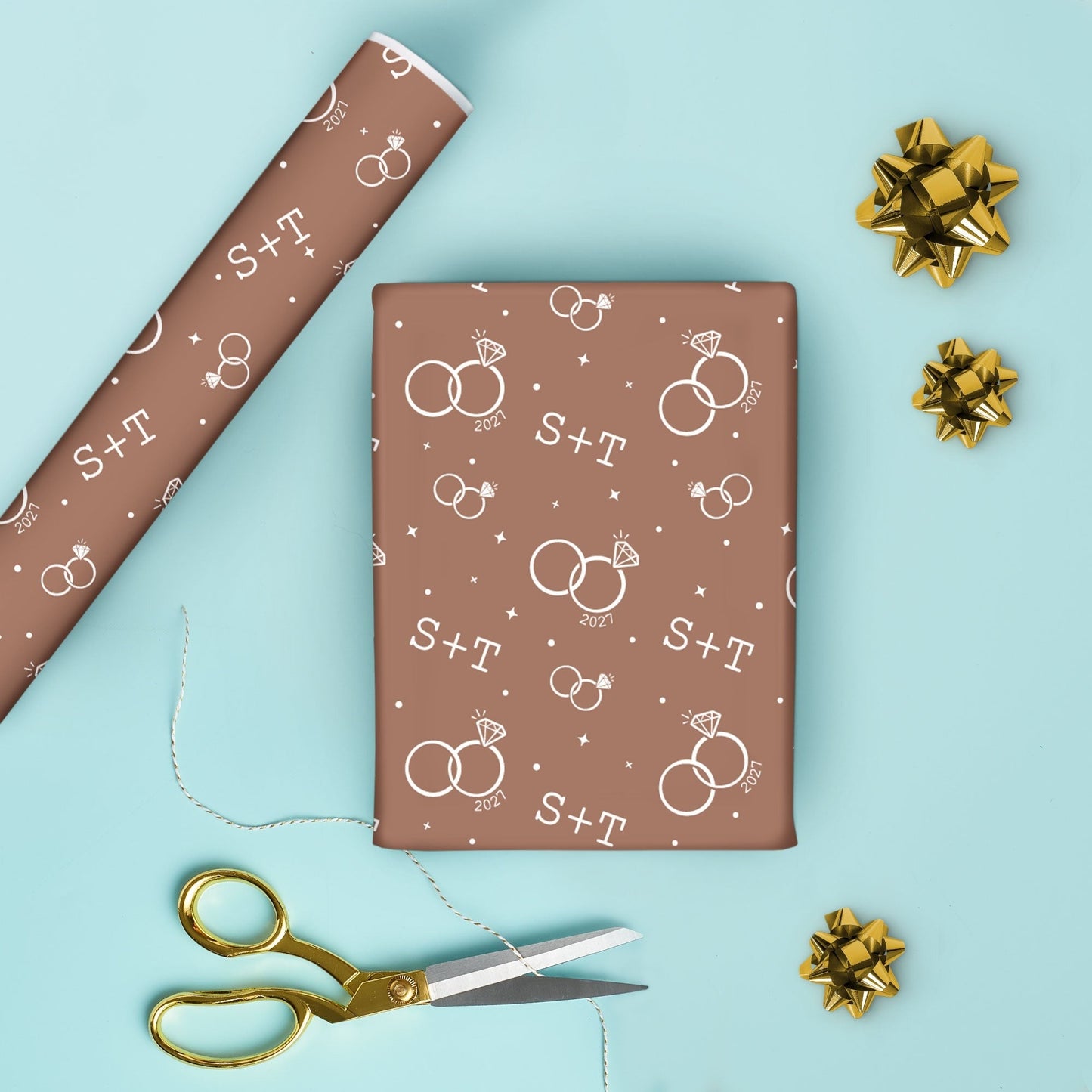 Custom Text Wrapping Paper - Mocha Brown Wedding Rings