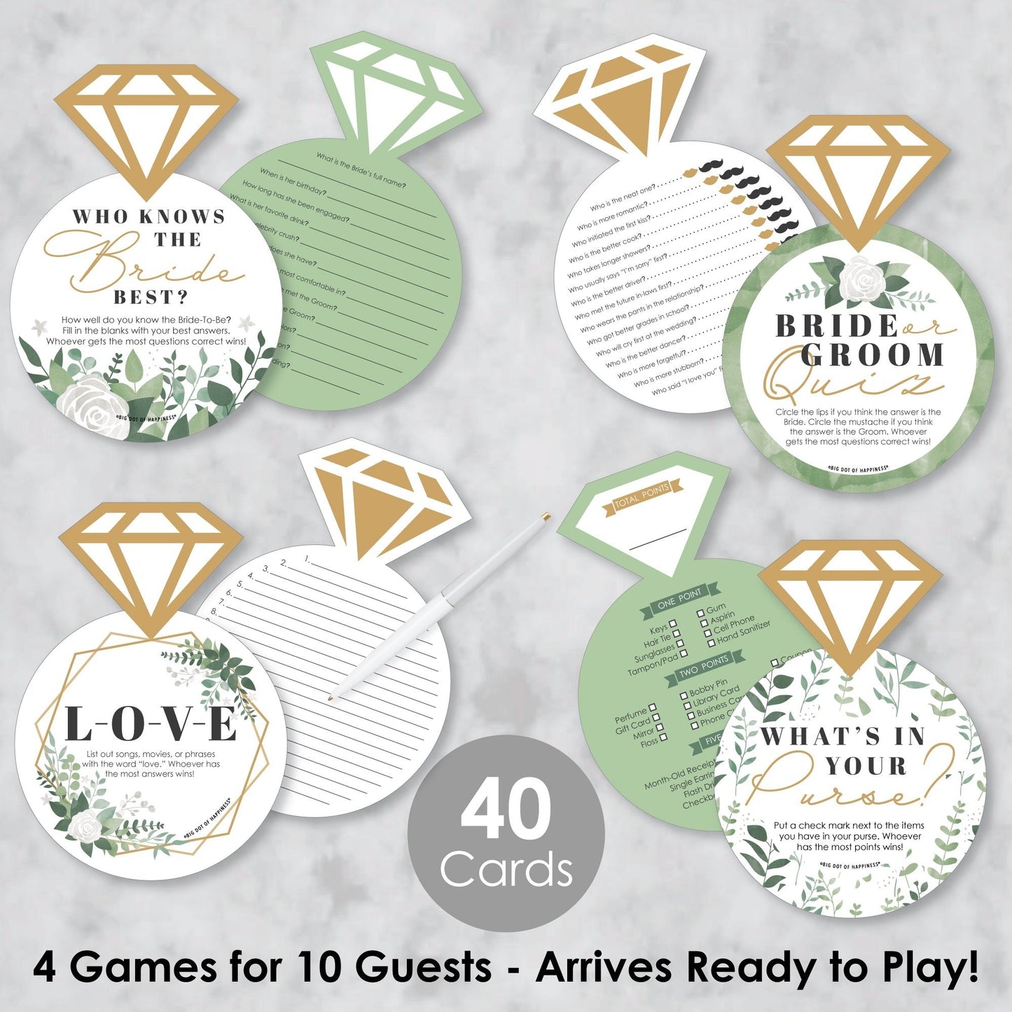 Boho Botanical Bride - 4 Greenery Bridal Shower Games - 10 Cards Each - Who Knows The Bride Best, Bride or Groom Quiz, What's in Your Purse and Love - Gamerific Bundle
