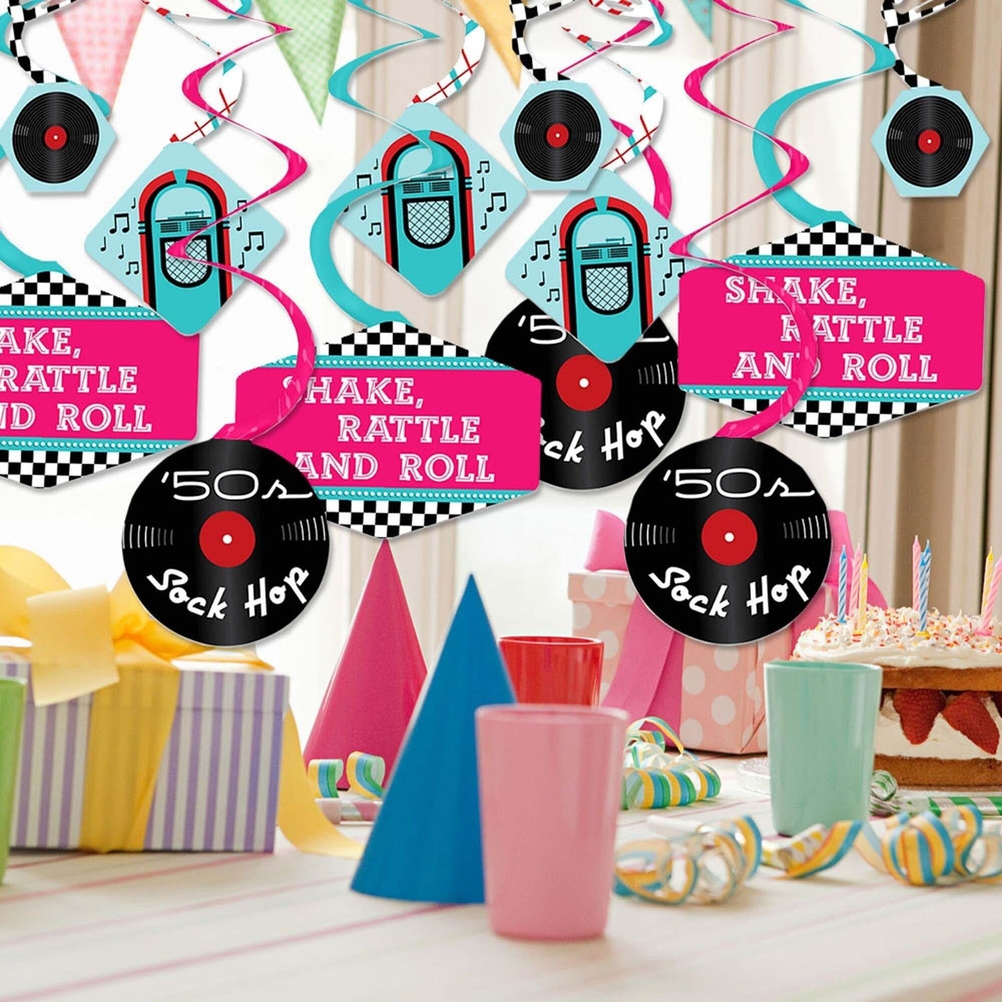 50's Sock Hop - 1950s Rock N Roll Party Hanging Decor - Party Decoration Swirls - Set of 40