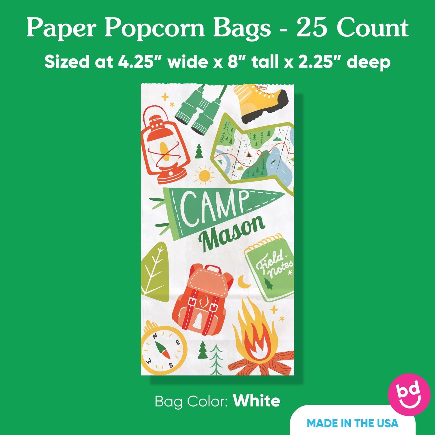 Custom Text Popcorn Bags - Camping - 25 Ct