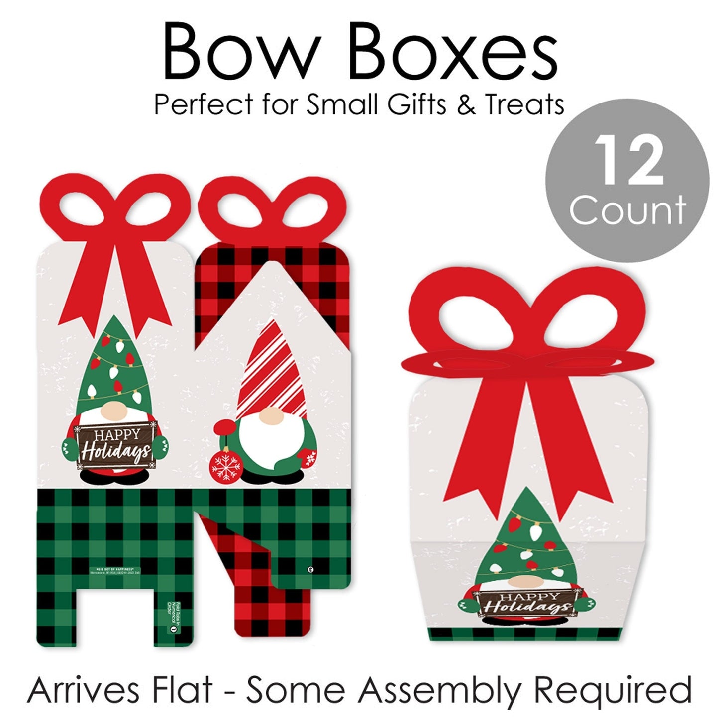 Red and Green Holiday Gnomes - Square Favor Gift Boxes - Christmas Party Bow Boxes - Set of 12