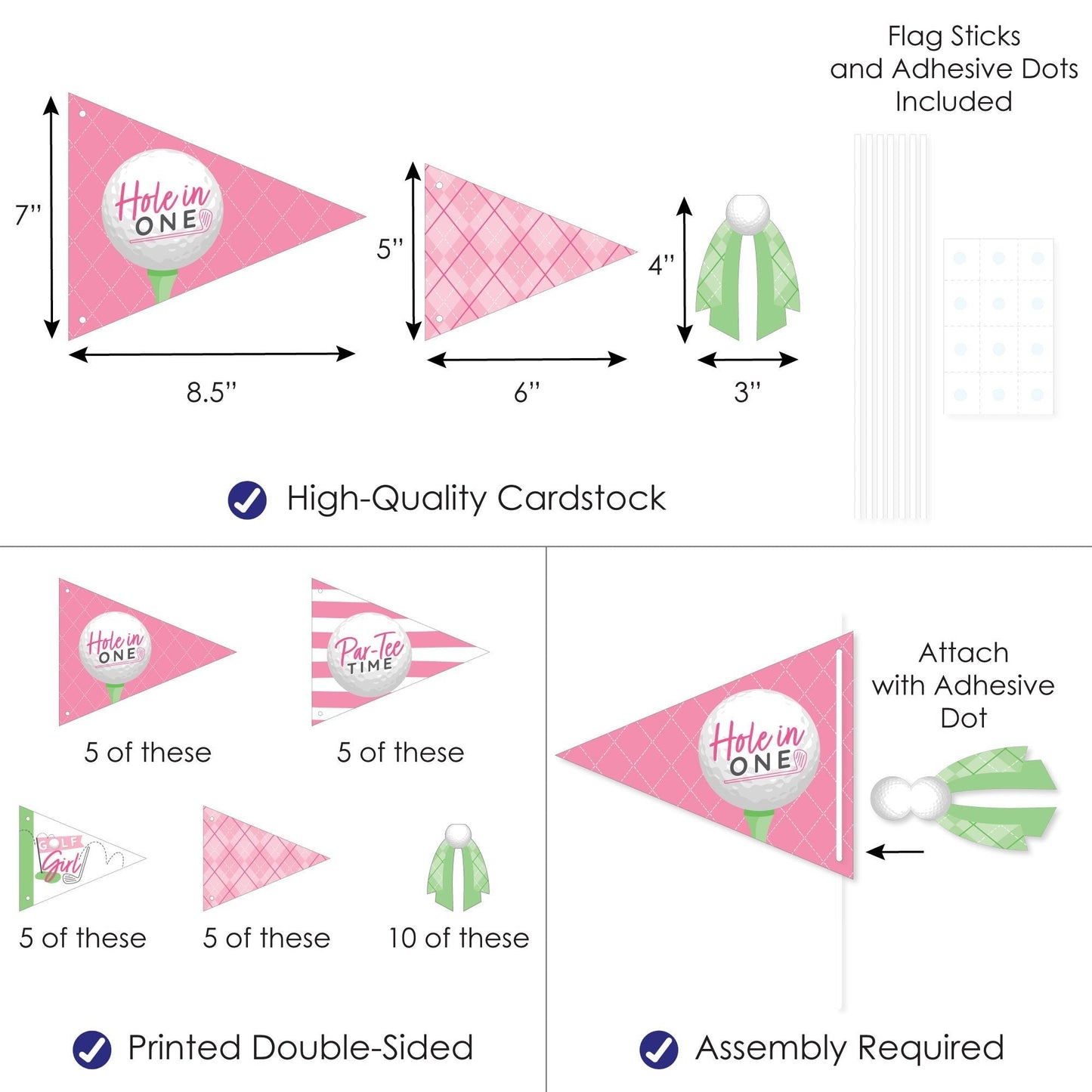 Golf Girl - Triangle Pink Birthday Party or Baby Shower Photo Props - Pennant Flag Centerpieces - Set of 20