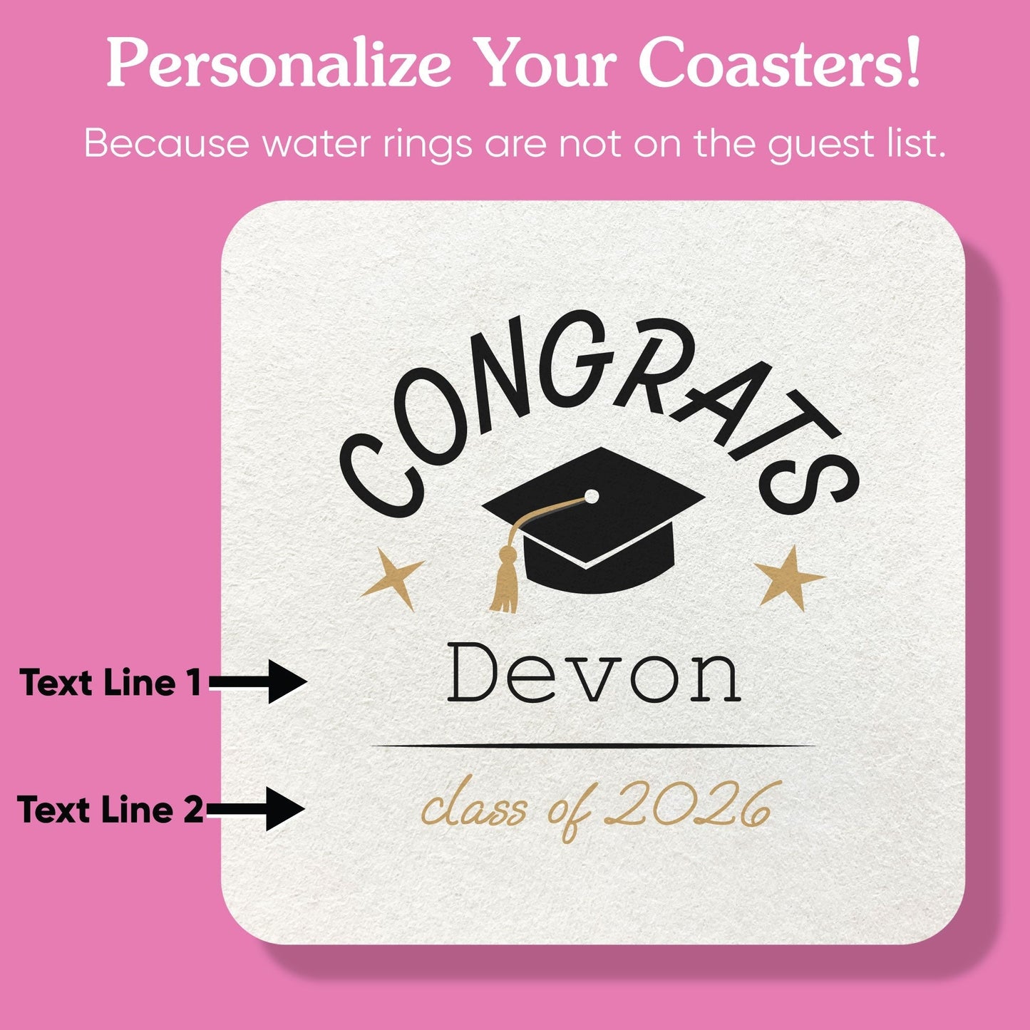 Custom Text Coasters - Black and Gold Graduation - 100 Ct