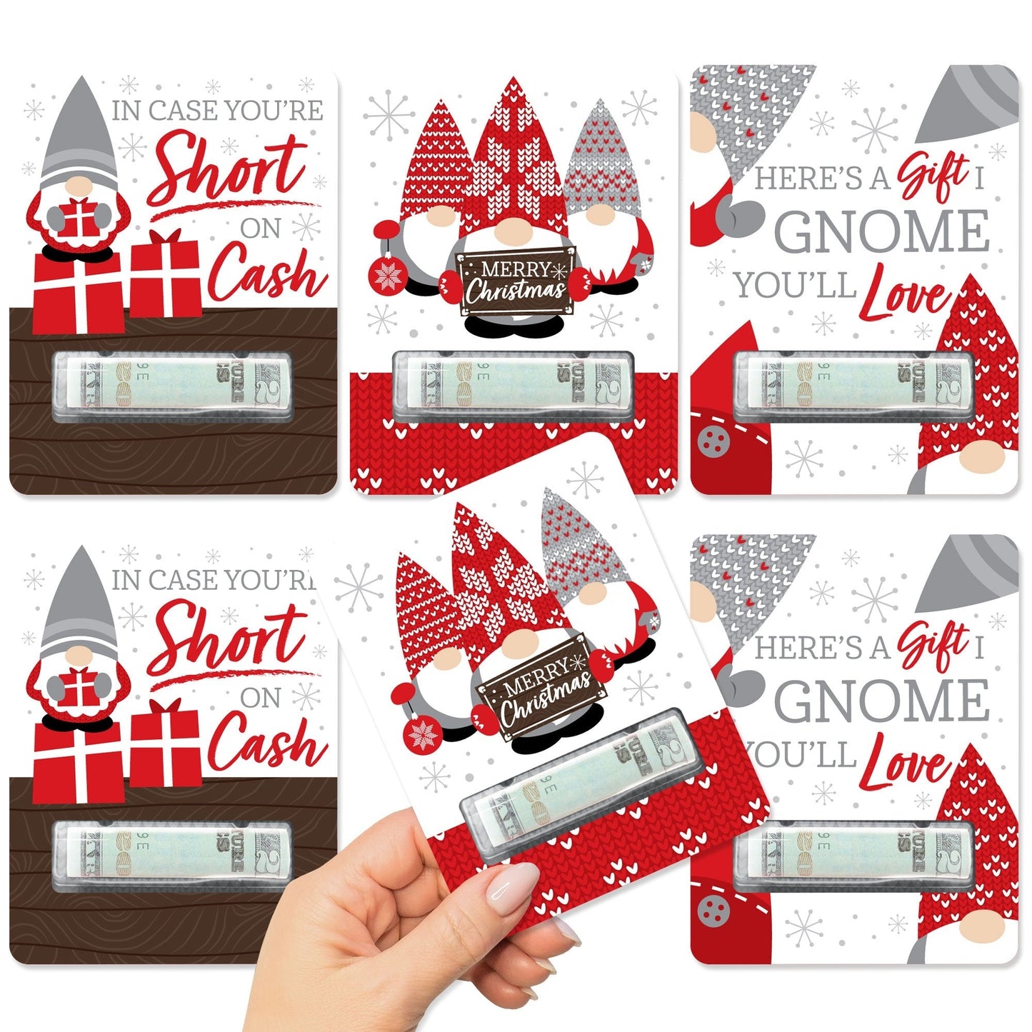 Christmas Gnomes - DIY Assorted Holiday Party Cash Holder Gift - Funny Money Cards - Set of 6