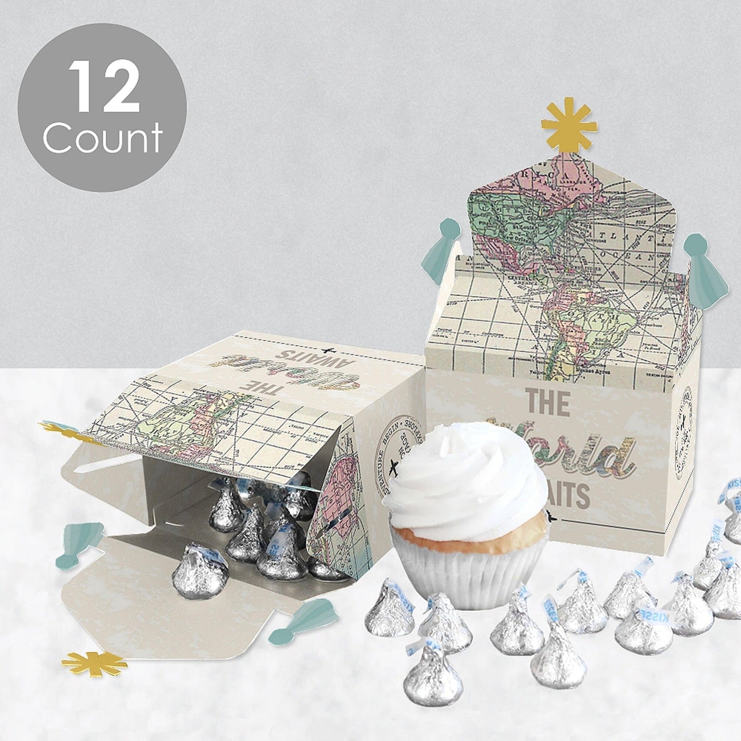 World Awaits - Treat Box Party Favors - Travel Themed Party Goodie Gable Boxes - Set of 12