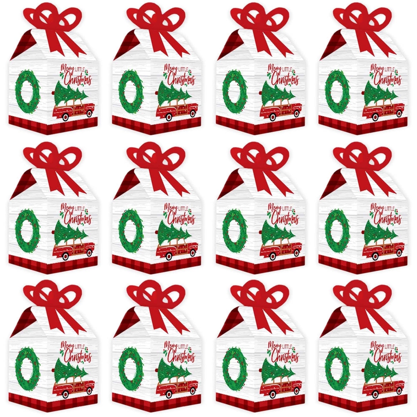 Merry Little Christmas Tree - Square Favor Gift Boxes - Red Car Christmas Party Bow Boxes - Set of 12
