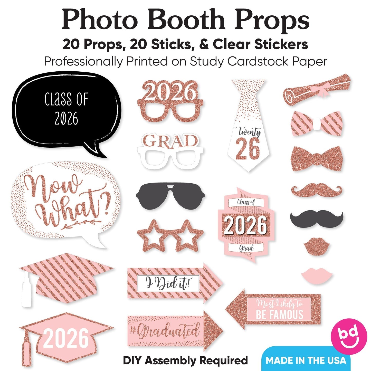 Rose Gold Grad - 2026 Graduation Party Photo Booth Props Kit - 20 Count