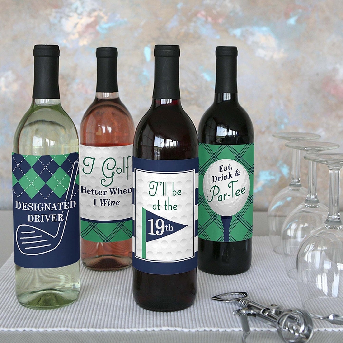 Par-Tee Time - Golf - Birthday or Retirement Party Decorations for Women and Men - Wine Bottle Label Stickers - Set of 4