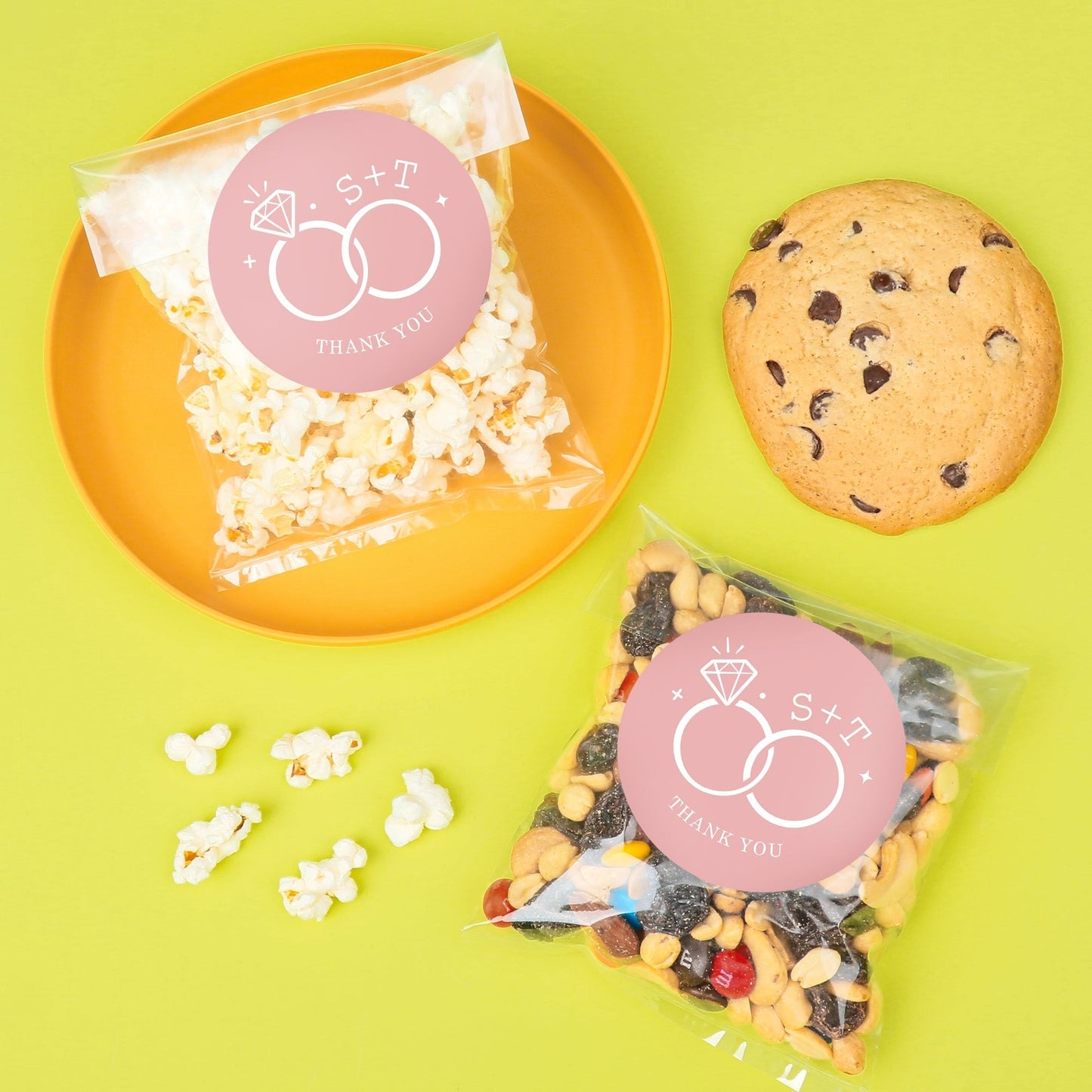 Custom Text Stickers & Clear Cookie Bags - Pink Wedding Rings