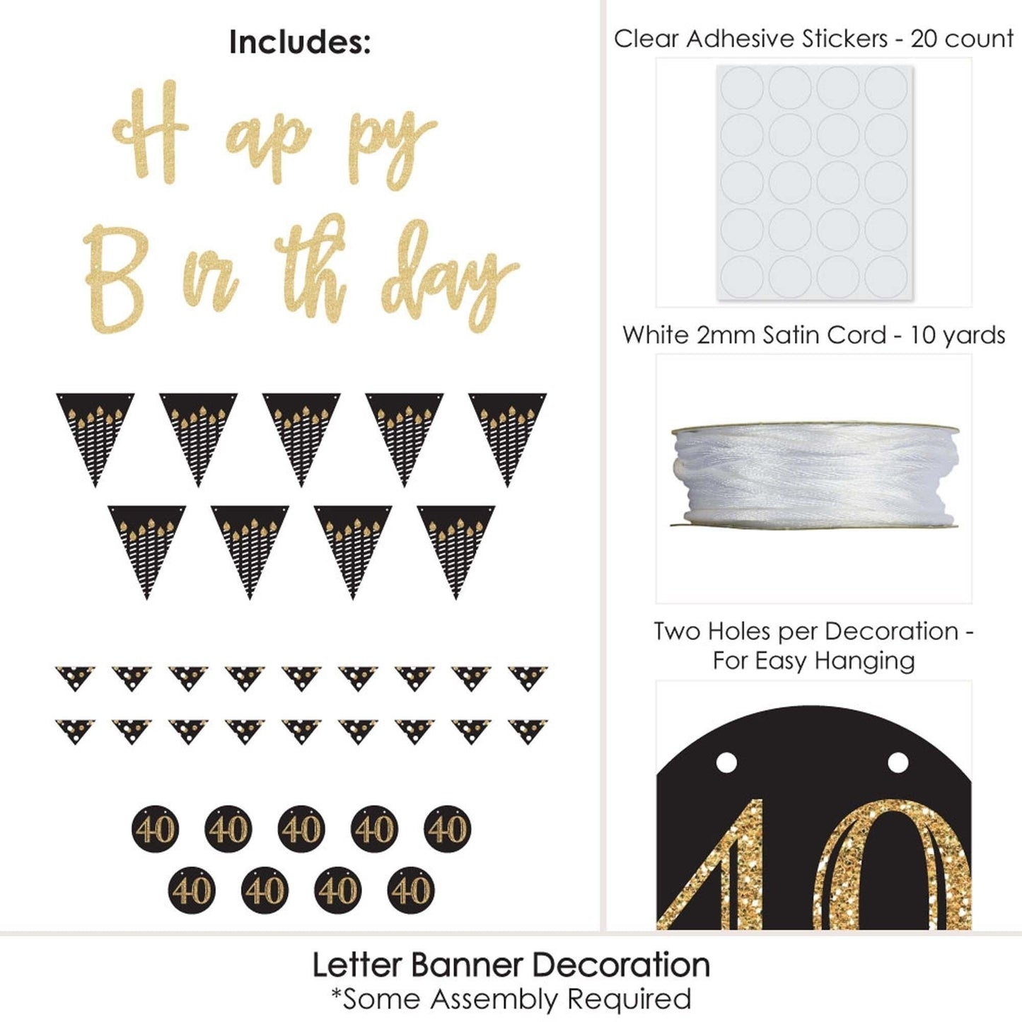 Adult 40th Birthday - Gold - Birthday Party Letter Banner Decoration - 36 Banner Cutouts and No-Mess Real Gold Glitter Happy Birthday Banner Letters