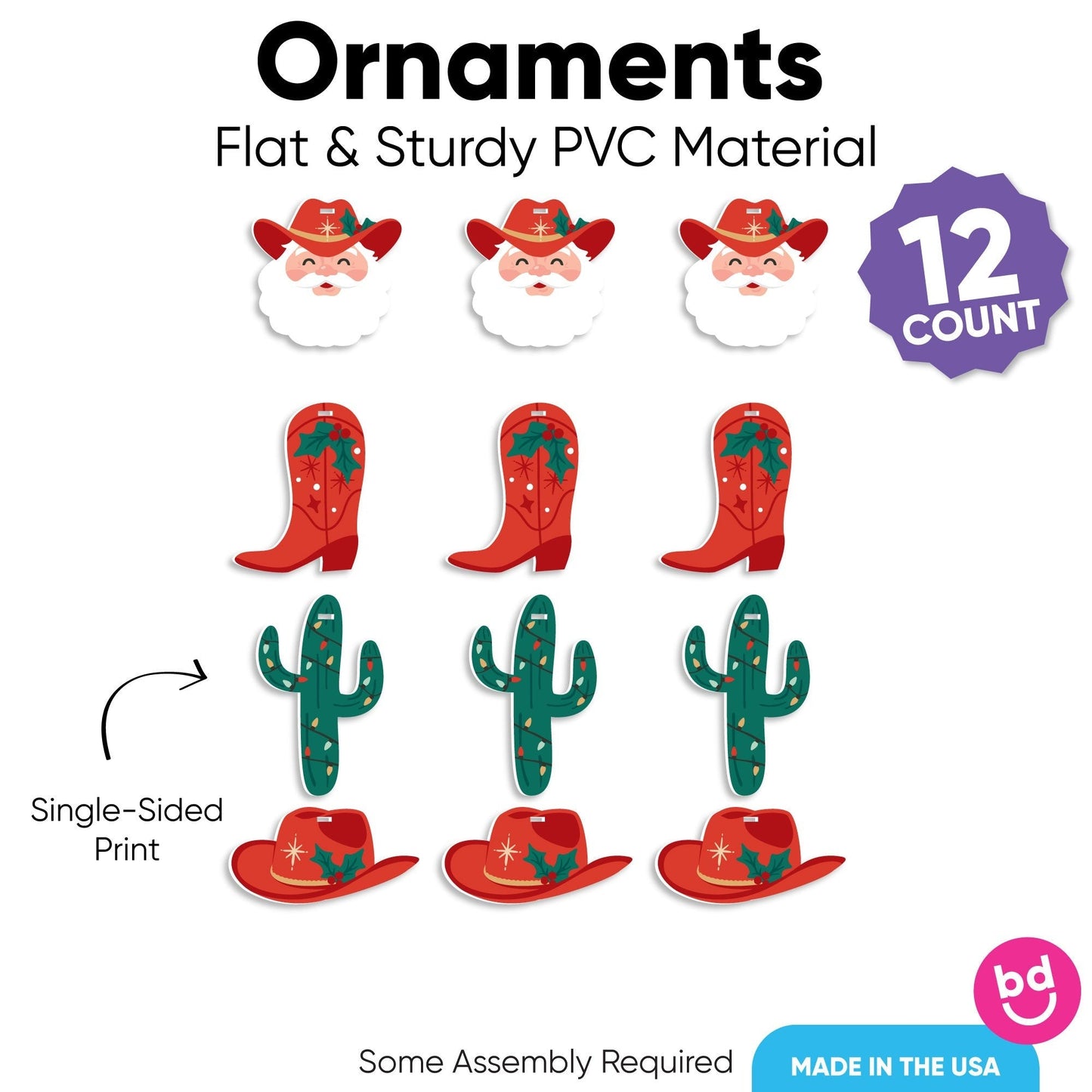 Christmas Cowboy Tree Ornaments - 12 Ct