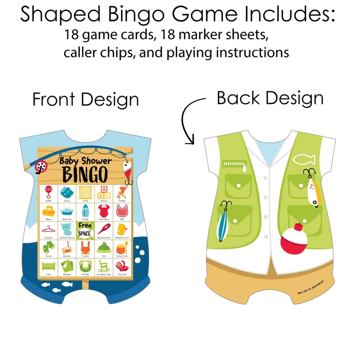 Let's Go Fishing - Picture Bingo Cards and Markers - Fish Themed Baby Shower Shaped Bingo Game - Set of 18